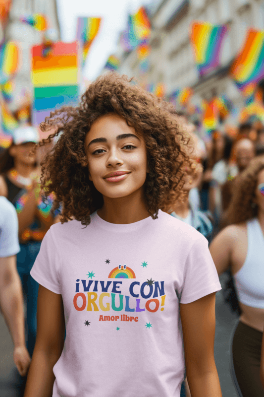 Mockup Of An AI Created Woman With Curly Hair Wearing A T Shirt At A Pride March