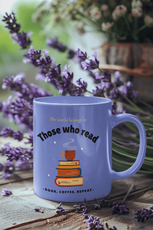 Mockup Of An Ai Generated Book Themed Coffee Mug Placed By Lavender Flowers