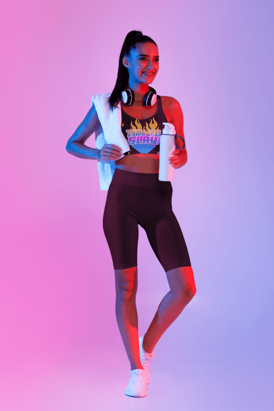 Mockup Of An Athletic Woman Wearing A Sublimated Pride Sports Bra And Bike Shorts