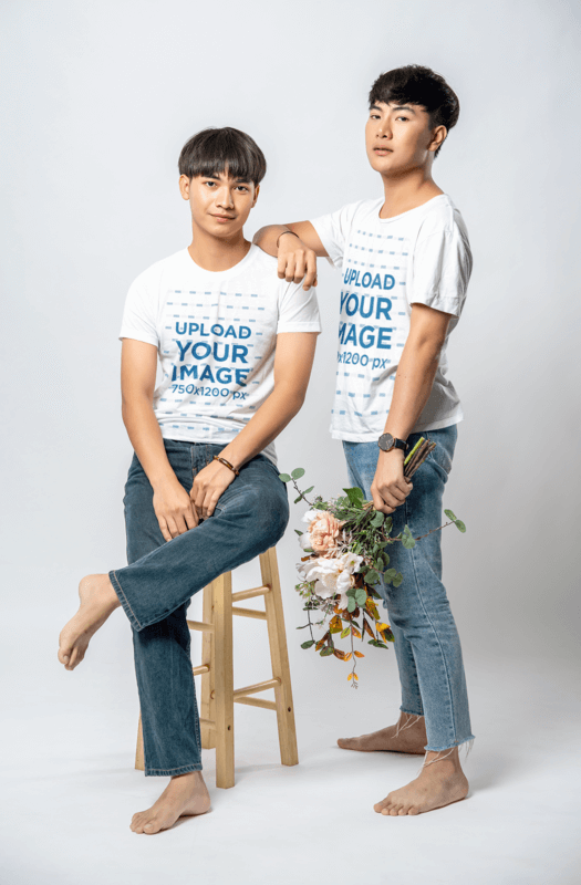 Rounded Neck Mockup Of Two Men Posing With A Bunch Of Flowers