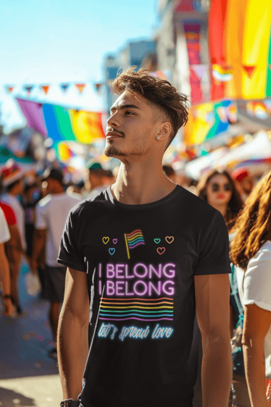 T Shirt Mockup Featuring An AI Created Man In An LGBTQ+ Themed March