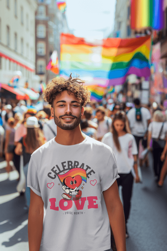 T Shirt Mockup Of A Happy Man Celebrating Gay Pride At A March