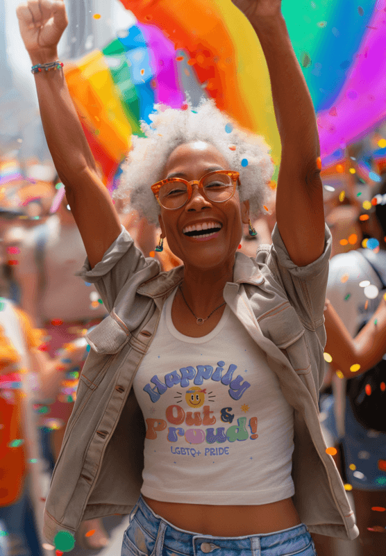 Tank Top Mockup Of A Joyful Senior Woman Cheering At A Pride Parade