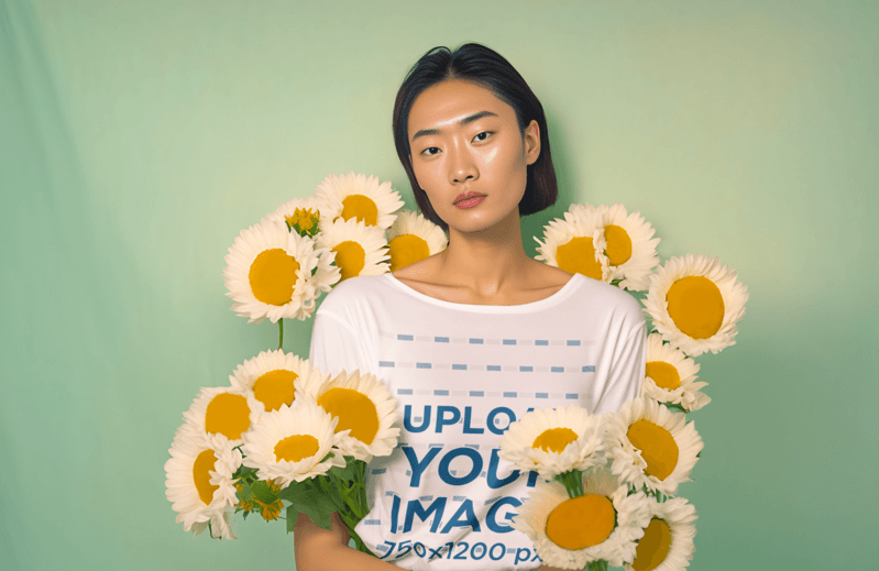 AI Generated Mockup Featuring A Serious Woman Wearing A T Shirt And Surrounded By Flowers