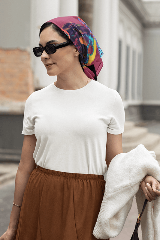 Bella Canvas T Shirt Mockup Featuring A Smiling Woman Wearing A Bandana And A Modest Outfit In The Street