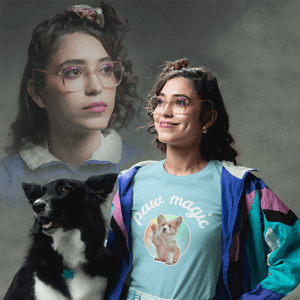 Bella Canvas Tee Mockup Of A Smiling Woman Posing With An 80s Fashion Outfit And A Dog Featured