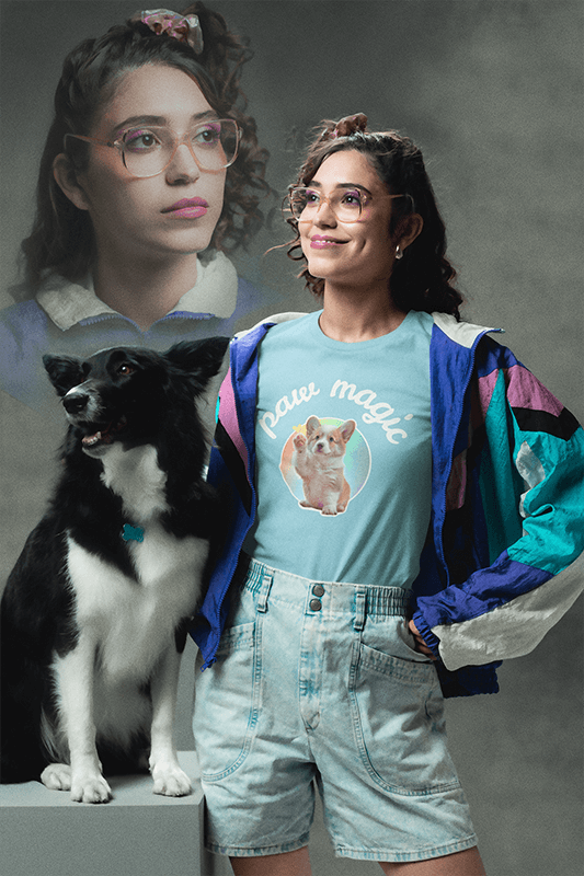 Bella Canvas Tee Mockup Of A Smiling Woman Posing With An 80s Fashion Outfit And A Dog