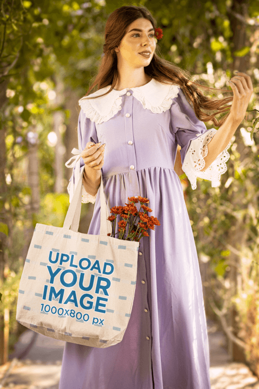 Cottagecore Themed Mockup Of A Countryside Woman Holding A Tote Bag As Part Of Gifts For Book Lovers