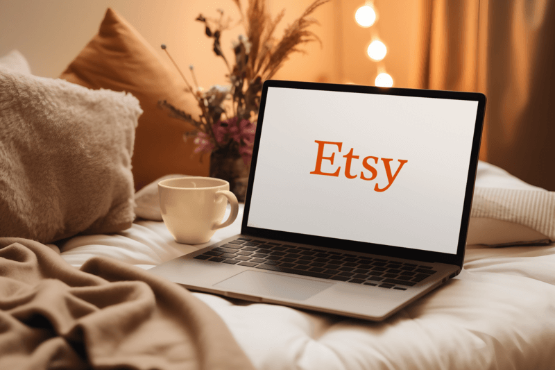 Digital Mockup Of An AI Generated Macbook Featuring The Etsy Logo And A Coffee Mug Placed On Winter Setting