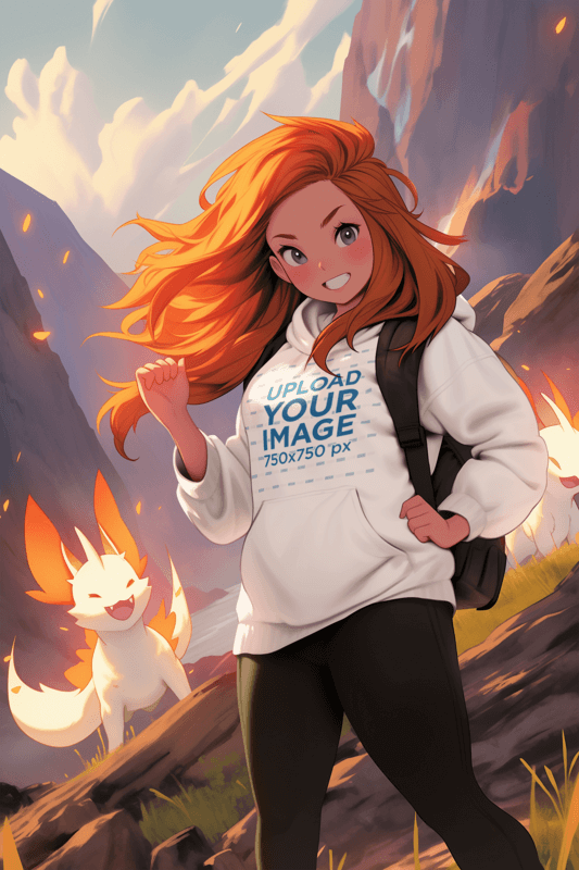 Illustrated Hoodie Mockup Of A Fierce Girl Standing With A Fire Fantasy Pokémon Inspired Creature