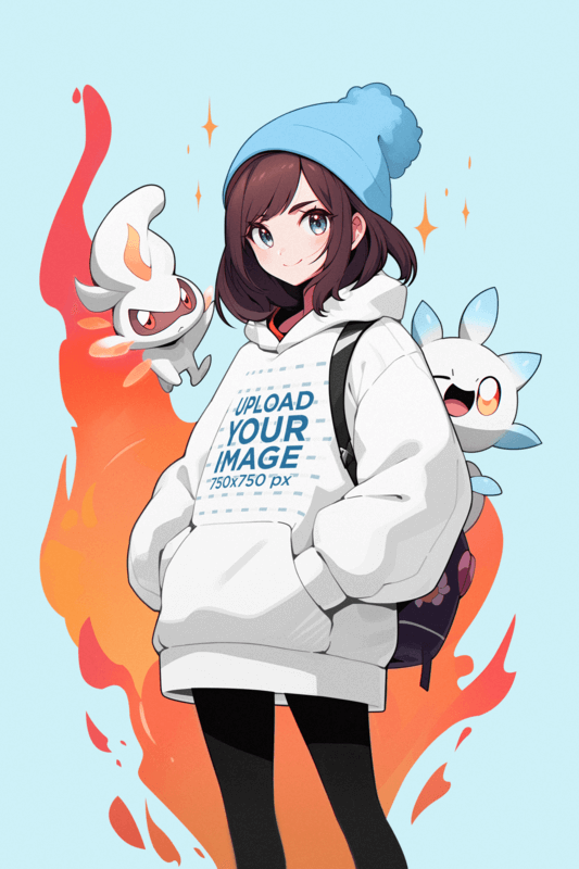 Illustrated Hoodie Mockup Of An Anime Style Girl Posing With A Flaming Fantasy Pokémon Inspired Pet