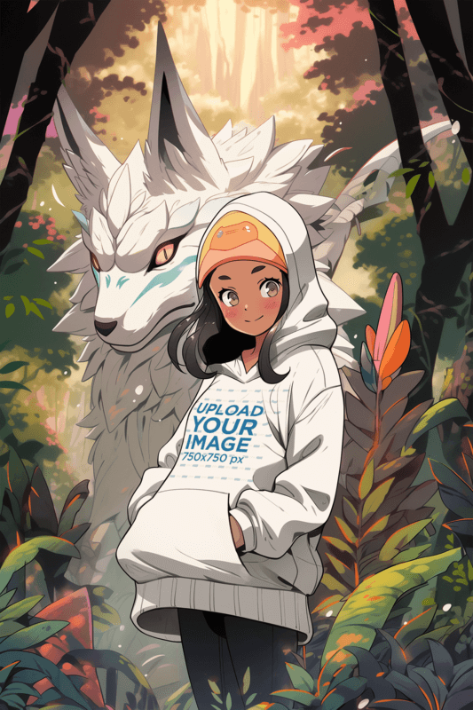 Illustrated Mockup Of A Girl Inspired By A Retro Anime Standing Next To A Fantasy Pokémon Inspired Creature
