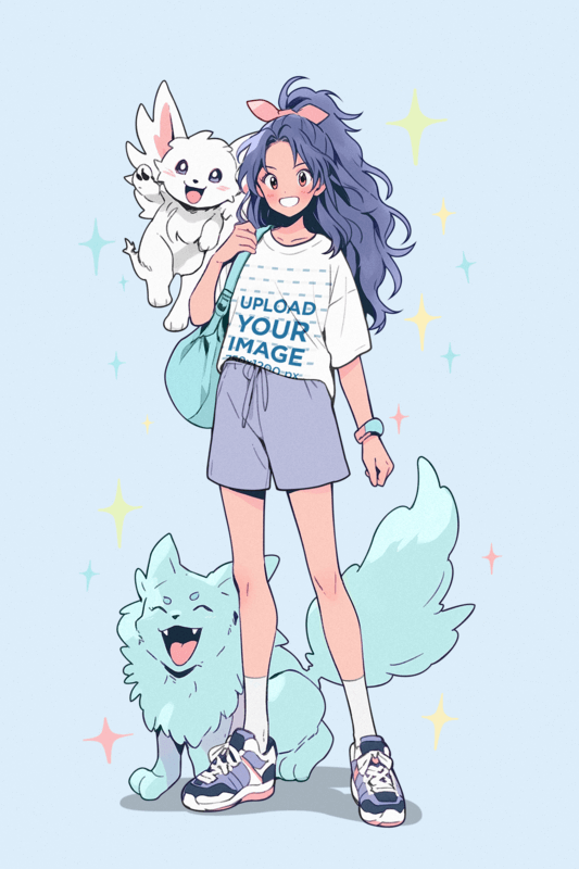 Illustrated Mockup Of A Happy Girl Wearing A T Shirt With Fantasy Pokémon Inspired Creatures