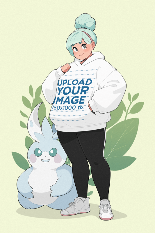 Illustrated Pullover Hoodie Mockup Of A Woman Standing Next To A Fantasy Pokémon Inspired Creature