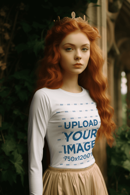 Medieval Fantasy Inspired Mockup Of An AI Created Woman In A Long Sleeve Tee As Part Of Gifts For Book Lovers