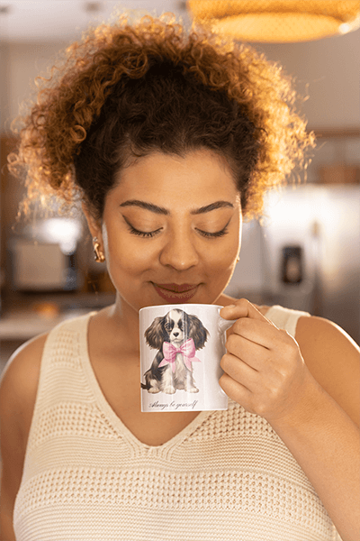 Mockup Of A Smiling Woman Smelling Her Coffee From Her Mug