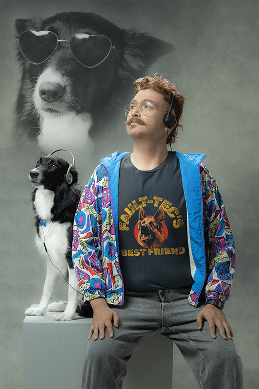 Retro Long Sleeve Tee Mockup Featuring A Man Posing With His Dog In A Studio