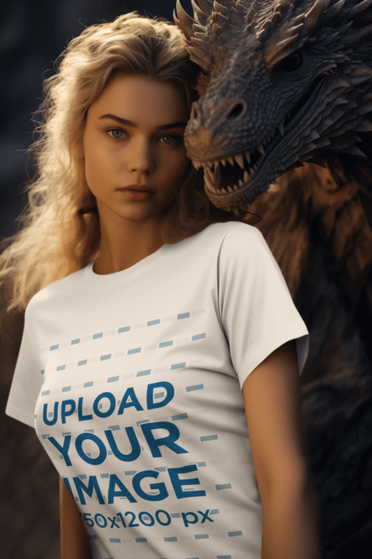 T Shirt Mockup Featuring An AI Created Woman And A Dragon Inspired By A Medieval Fantasy Book