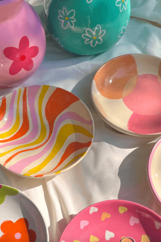 A Pretty Set Of Handmade Ceramics In Vibrant And Colorful Tones With Waves Designed And Sold By Indigoelliex On Etsy