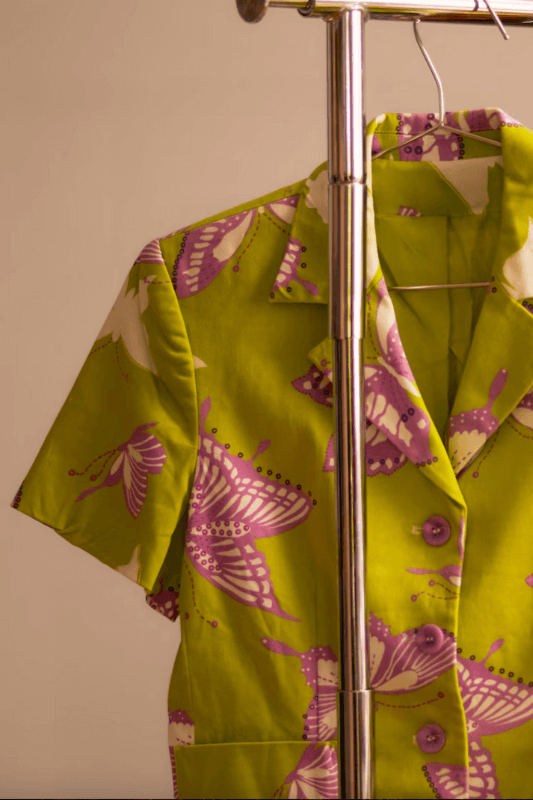 A Short Sleeve Blazer In Green Olive And Purplish Butterflies Designed And Sold By Threadsofhabit On Etsy