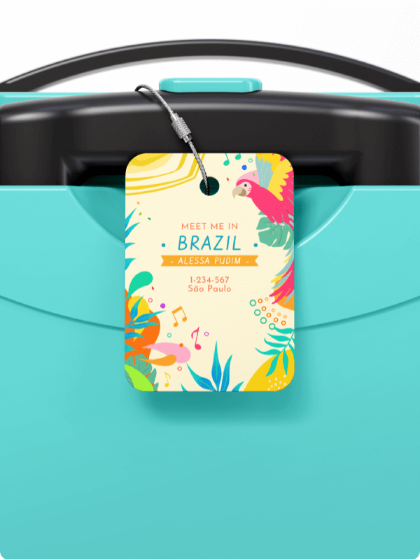 Close Up Mockup Of A Luggage And Its Luggage Tag With A Brazilian Theme In Vibrant Colors And A Custom Message