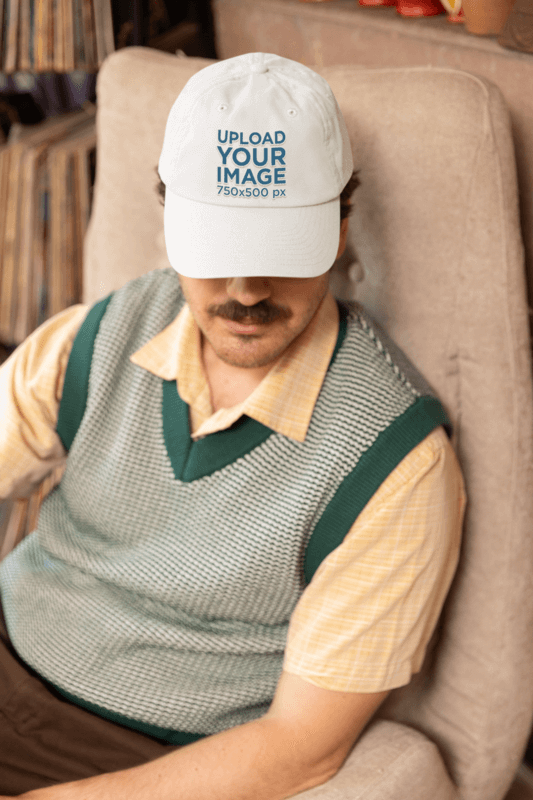 Dad Hat Mockup Of A Man With A Mustache In A Grandpacore Style Outfit