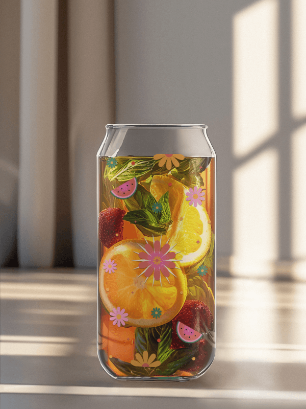 Mockup Of An AI Created Beer Can Glass Filled With A Fruit Infusion