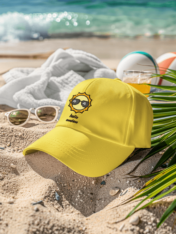 Mockup Of An AI Generated Embroidered Dad Hat Lying On The Beach