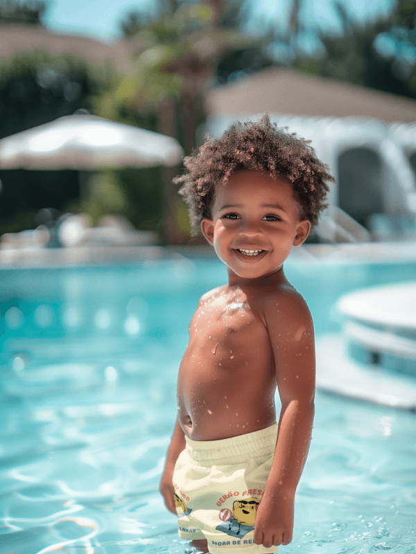 Shorts Mockup Of An Ai Generated Little Boy Posing In A Pool With A Happy Look