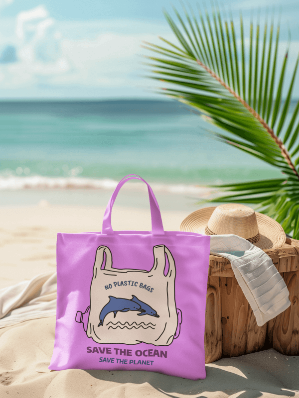 Summer Mockup Featuring An AI Created Tote Bag Lying On The Beach