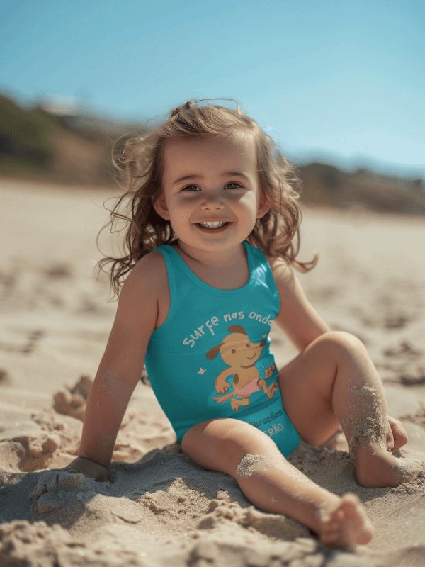 Swimsuit Mockup Of An AI Generated Joyful Little Girl Sitting On The Sand