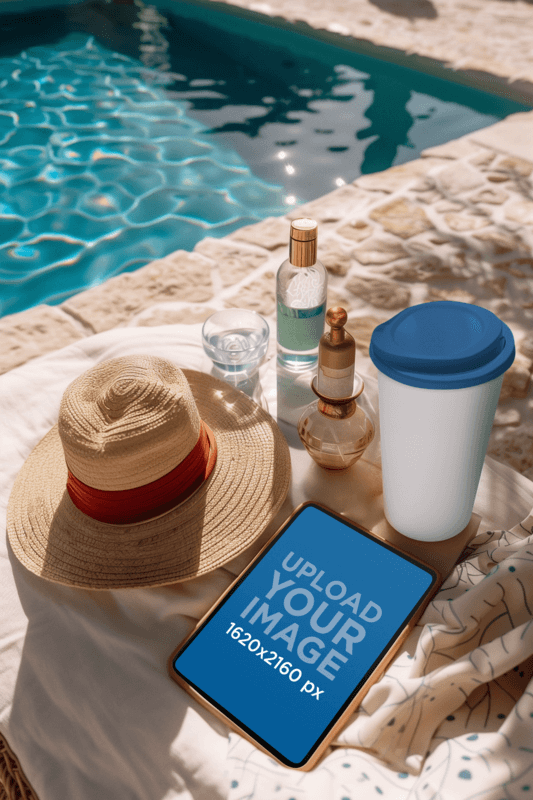 AI Generated Product Mockup Featuring An iPad Placed On A Beach Lounge Chair By A Pool