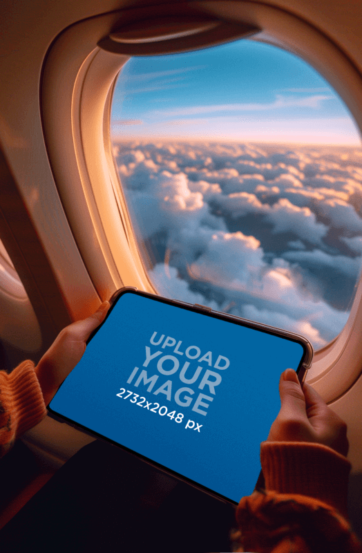 AI Generated Product Mockup Of A Person Using An iPad In A Plane