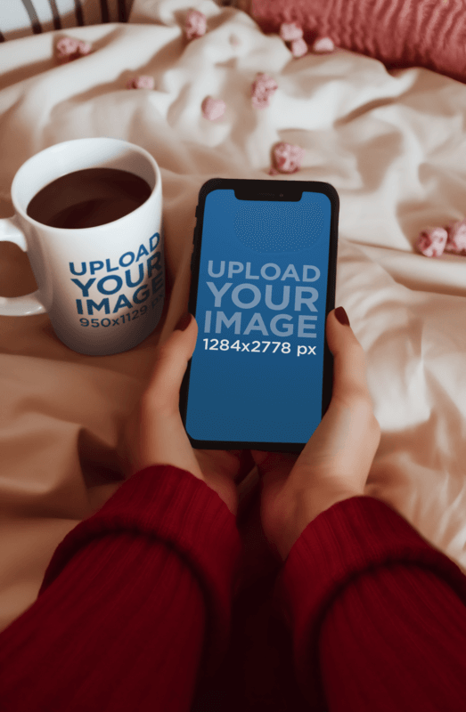 AI Generated Product Mockup Of A Woman With An iPhone 13 And A Coffee Mug In A Winter Setting