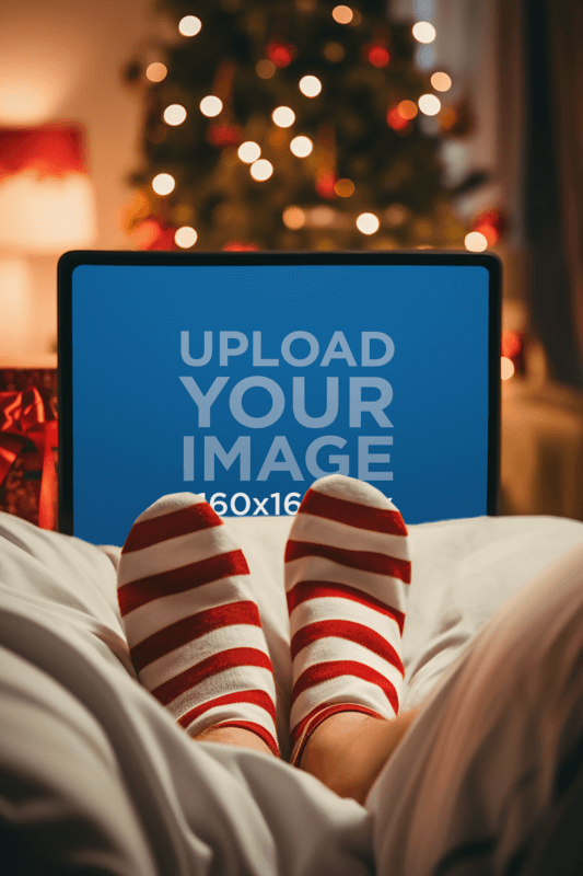iPad Product Mockup Featuring An AI Generated Person In A Christmas Themed Setting