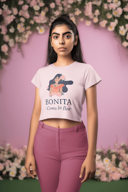 Mockup Of An AI Generated Woman Wearing A Crop Top In A Flower Decorated Setting