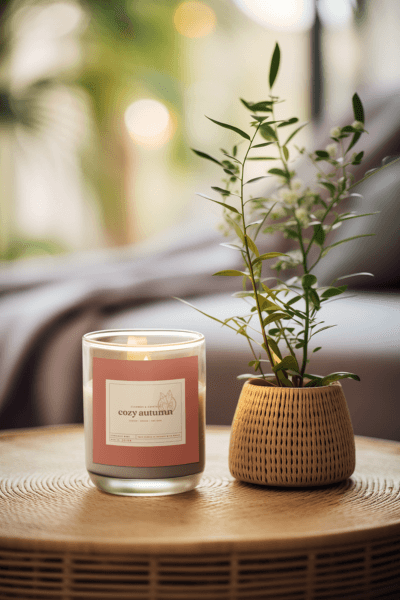 Ai Created Fall Themed Candle Mockup Featuring A Cute Plant And A Relaxing Aesthetic