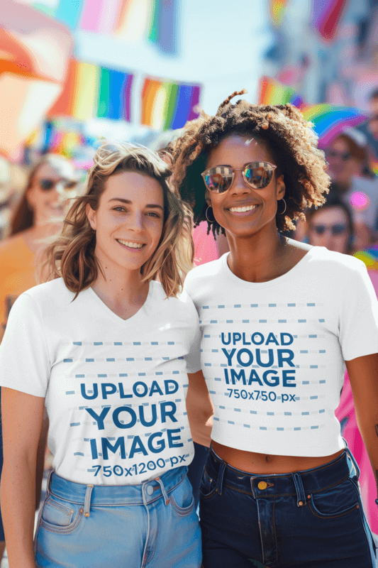 Ai Created V Neck T Shirt Mockup Of Two Women Celebrating Pride Month