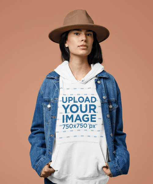 Mockup Of A Woman Wearing A Pullover Hoodie Under A Denim Jacket