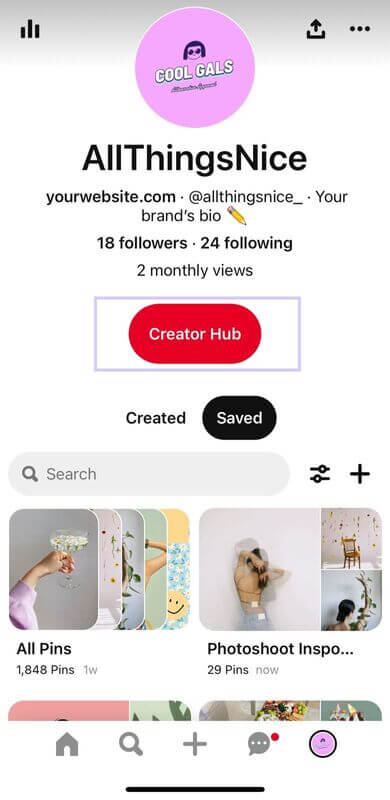 Pinterest Profile Showing The Creator Hub Button For How To Make Money On Pinterest Guide