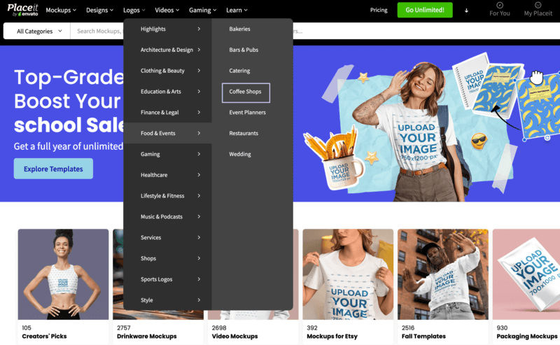 Placeit's Navigation Menu Selecting The Coffee Shop Logo Maker