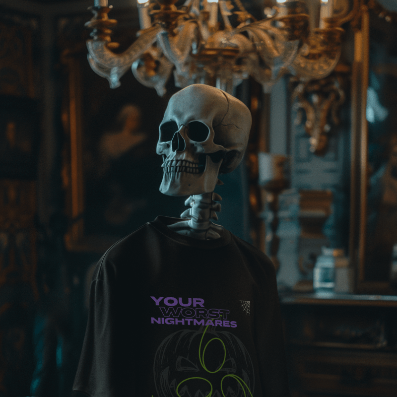 T Shirt Mockup Of An AI Created Skeleton Standing In A Spooky House