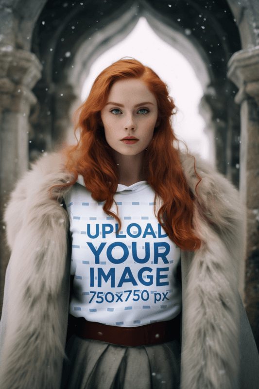 Ai Created Mockup Of A Red Headed Woman Wearing A Hoodie In A Snowy Setting