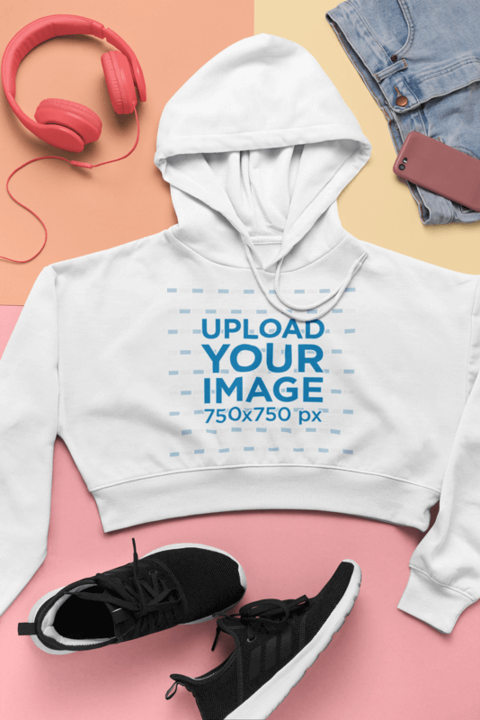 Crop Top Hoodie Mockup Featuring A Juvenile Outfit And Accessories