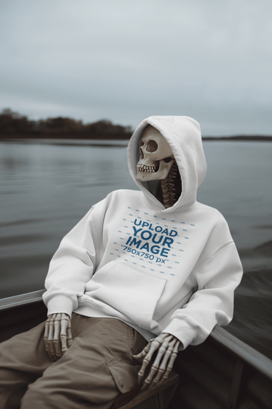 Hoodie Mockup Featuring An AI Created Skeleton Posing In A Boat