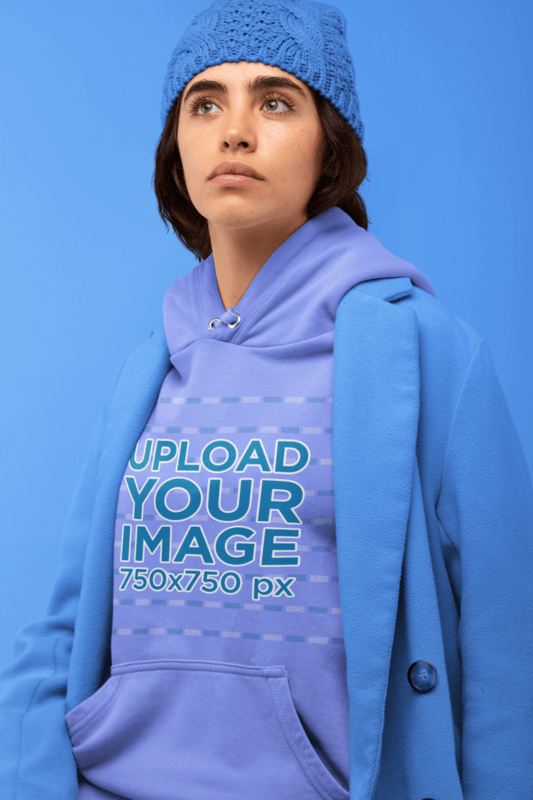 Hoodie Mockup Of A Serious Looking Woman With A Blue Monochromatic Outfit