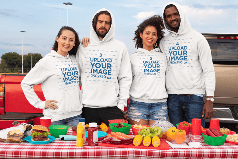 Hoodie Mockups Of A Group Of Friends At A Tailgate Party