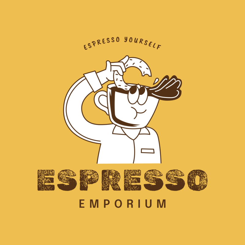 Logo Template Featuring A Cartoonish Character For A Coffee Shop