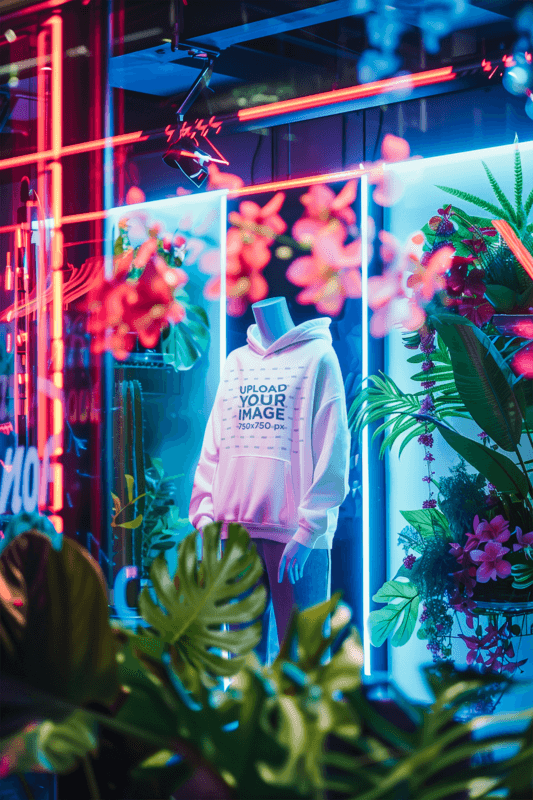 Mockup Of A Mannequin Dressed In A Pullover Hoodie Inside A Neon Window Display