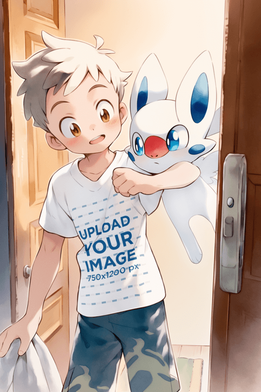 Mockup Of An Anime Boy Wearing A V Neck T Shirt Next To His Fantasy Pet